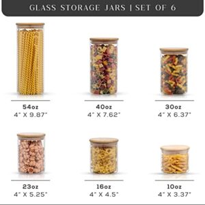 JoyJolt Borosilicate Glass Jars With Bamboo Lids. 6 Pc Set of Air Tight Sealable Containers. Food Jar Canisters with Airtight Lid for Pantry Storage and Kitchen Organization.