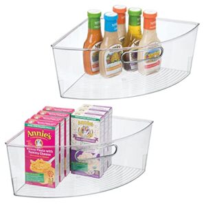 mdesign kitchen cabinet plastic lazy susan storage turntable organizer bins with built-in handle – large triangle corner dividers for pantry or cabinets – 1/4 wedge, 6″ deep container – 2 pack – clear
