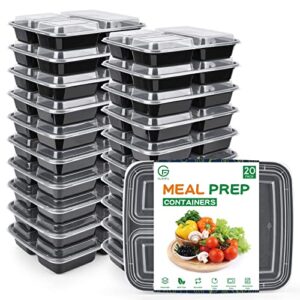 guanfu [20 pack] 34oz meal prep container 3 compartment, reusable bpa free plastic food prep containers with airtight lids, microwave, freezer & dishwasher safe disposable bento boxes