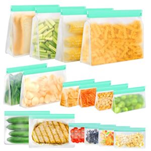 reusable food storage bags, 16 pack bpa free food grade reusable freezer bags, reusable gallon bags, reusable sandwich bags, silicone food bags leakproof resealable for meat fruit veggies snacks