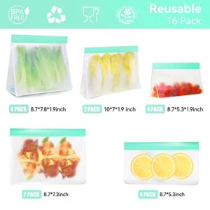 Reusable Food Storage Bags, 16 Pack BPA Free Food Grade Reusable Freezer Bags, Reusable Gallon Bags, Reusable Sandwich Bags, Silicone Food Bags Leakproof Resealable for Meat Fruit Veggies Snacks