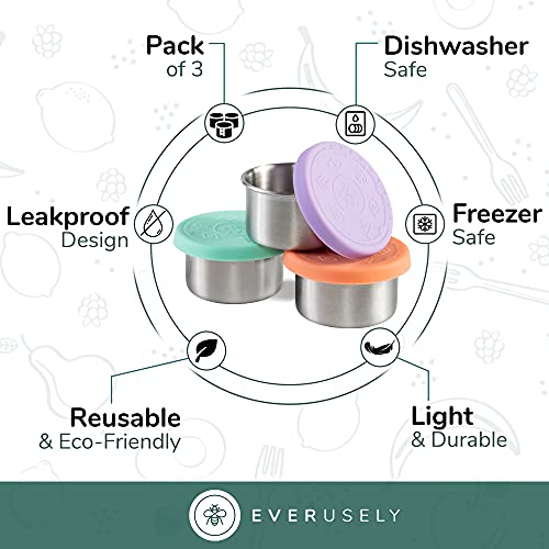 Everusely 3 x 1.7oz Leakproof Salad Dressing Container To Go, Stainless Steel Small Condiment Containers with Lids, Sauce Containers For Lunch Box, Dressing Cups with Lids, Dip Containers, Sauce Cups