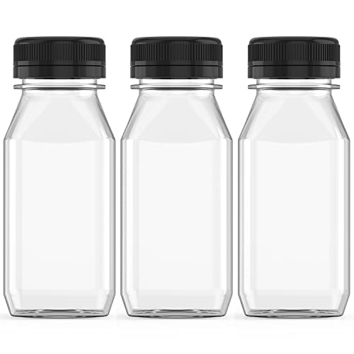 3 Pcs 8 oz Plastic Juice Bottle Reusable Transparent Bulk Beverage Containers for Juice, Milk And Other With Black Lids