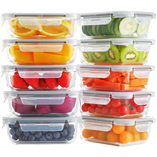 Bayco 10 Pack Glass Meal Prep Containers, Glass Food Storage Containers with Lids, Airtight Glass Lunch Bento Boxes, BPA-Free & Leak Proof (10 lids & 10 Containers) - Grey