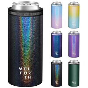 welforth slim can cooler for slim beer & hard seltzer double-walled stainless steel 12oz sleeve skinny can coozies drink holder(glitter black)