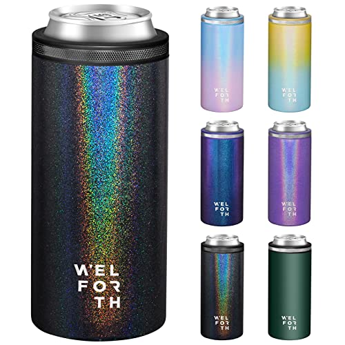 Welforth Slim Can Cooler for Slim Beer & Hard Seltzer Double-walled Stainless Steel 12oz Sleeve Skinny Can Coozies Drink Holder(GLITTER BLACK)