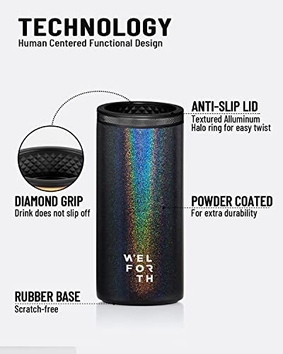 Welforth Slim Can Cooler for Slim Beer & Hard Seltzer Double-walled Stainless Steel 12oz Sleeve Skinny Can Coozies Drink Holder(GLITTER BLACK)