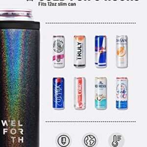 Welforth Slim Can Cooler for Slim Beer & Hard Seltzer Double-walled Stainless Steel 12oz Sleeve Skinny Can Coozies Drink Holder(GLITTER BLACK)