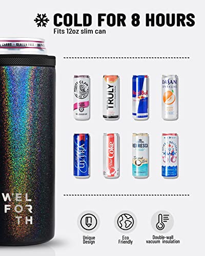 Welforth Slim Can Cooler for Slim Beer & Hard Seltzer Double-walled Stainless Steel 12oz Sleeve Skinny Can Coozies Drink Holder(GLITTER BLACK)