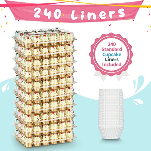 (24 Pack x 10 Sets) Gencywe Stackable Cupcake Carrier Holders with 240 Pack Cupcake Liners, Plastic Cupcake Boxes Holders for 24 Cupcakes, High Tall Dome Lid Cupcake Containers, Clear Disposable Cupcake Trays