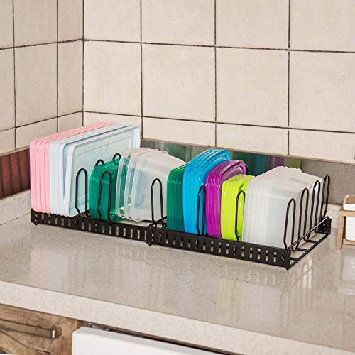 Expandable Food Container Lid Organizer,Large Capacity Adjustable 10 Dividers Detachable Lid Organizer Rack for Cabinets, Cupboards, Pantry Shelves, Drawers to Keep Kitchen Tidy,Black(Patent Pending)