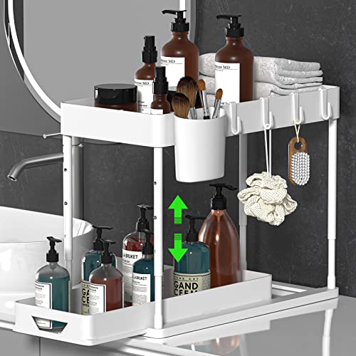 Seasky Adjustable Height Under Sink Organizers and Storage, 2 Tier Sliding Bathroom Organizer, Kitchen Organizer Multipurpose Under Sink Cabinet Storage with 4 Hooks and 1 Hanging Cup