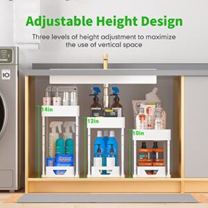 Seasky Adjustable Height Under Sink Organizers and Storage, 2 Tier Sliding Bathroom Organizer, Kitchen Organizer Multipurpose Under Sink Cabinet Storage with 4 Hooks and 1 Hanging Cup