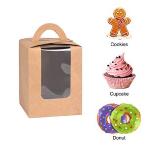 Moretoes 60 Pcs Individual Cupcake Boxes, Brown Single Cupcake Boxes with Window Inserts and Handle, Kraft Cupcake Containers Bulk for Bakery Wrapping Party Favor Packing