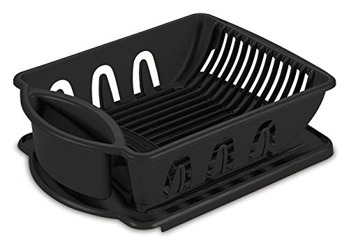 Tribello Sink Dish Drying Rack, Heavy Duty Hard Plastic Drying Rack, Dish Drainer for Kitchen Counter with Drainboard Set, with Silverware Holder - 18 x 13 x 6 (Black)