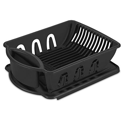 Tribello Sink Dish Drying Rack, Heavy Duty Hard Plastic Drying Rack, Dish Drainer for Kitchen Counter with Drainboard Set, with Silverware Holder - 18 x 13 x 6 (Black)