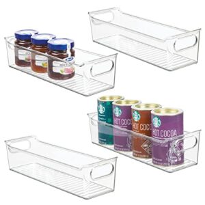 mdesign slim plastic kitchen storage container bins with handles -organization in pantry, cabinet, refrigerator or freezer shelves – food organizer for fruit, yogurt, squeeze pouches – 4 pack – clear