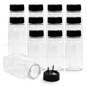 royalhouse 12 pack 9.5 oz plastic spice jars with black cap, clear and safe plastic bottle containers with shaker lids for storing spice, herbs and seasoning powders, bpa free, made in usa