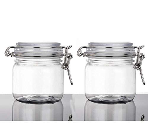 2Pcs 10 Oz/300ml Clear Round Plastic Home Kitchen Storage Sealed Jar Bottles with Leak Proof Rubber and Hinged Lid for Herbs, Spices, Candy, Gift, Arts and Crafts Storage Multi-purpose Container