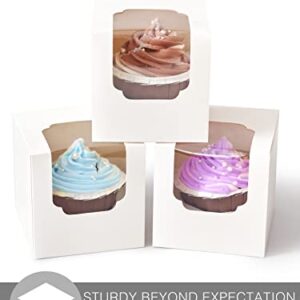 SHALLIVE 60 Pcs Cupcake Boxes Individual White with Insert, Auto Popup Single Cupcake Containers Hot Cocoa Bomb Boxes with Window for Cupcakes Treats Chocolate Strawberries Cookies for Graduation and Baby Shower Birthday Gifts