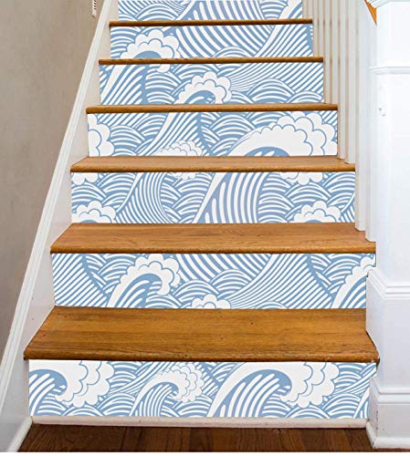 Cute Sea Waves Adhesive Shelf Liner Peel & Stick Dresser Drawer Sticker Cabinet Sticker Furniture Contact Paper, 17.7 Inch by 9.8 Feet (17.7 Inch by 9.8 Ft, Blue/White)