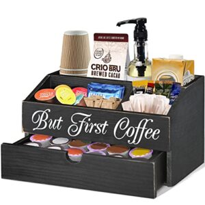 coffee station organizer, wood k cup coffee pods holder with drawer, countertop coffee bar accessories tea bag organizer, coffee bar condiment organizer for coffee bar decor, coffee lovers gift