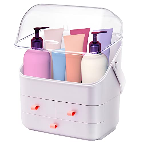 Elavain Cosmetics Organizer Countertop Makeup Holder, Plastic Caddy Skincare Organizers and Storage, Bathroom Shelf Organizer w/ Portable Handle, Lid made of Waterproof & Dustproof Acrylic Fully Open