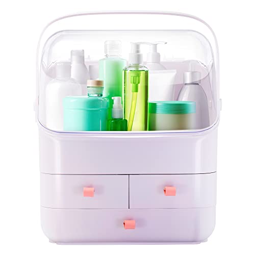 Elavain Cosmetics Organizer Countertop Makeup Holder, Plastic Caddy Skincare Organizers and Storage, Bathroom Shelf Organizer w/ Portable Handle, Lid made of Waterproof & Dustproof Acrylic Fully Open