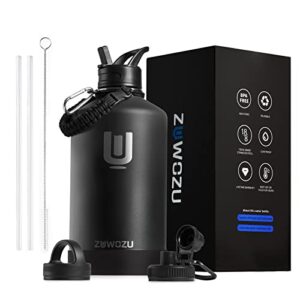 zuwozu 1 gallon water bottle insulated,128oz large stainless steel water bottles with straw, strap&3 lids,gallon water jug for gym,hiking(black)