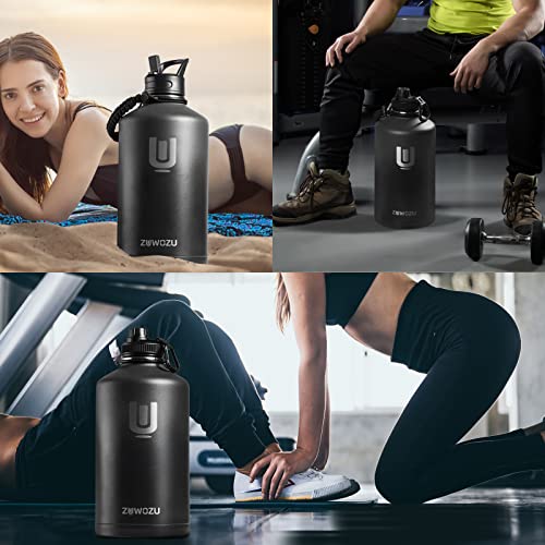 ZUWOZU 1 Gallon Water Bottle Insulated,128oz Large Stainless Steel Water Bottles with Straw, Strap&3 Lids,Gallon Water Jug for Gym,Hiking(Black)