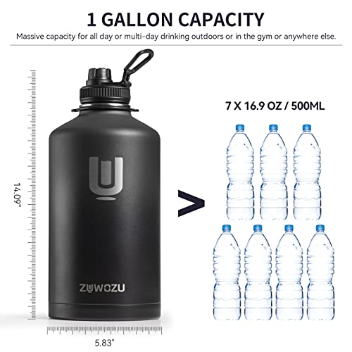 ZUWOZU 1 Gallon Water Bottle Insulated,128oz Large Stainless Steel Water Bottles with Straw, Strap&3 Lids,Gallon Water Jug for Gym,Hiking(Black)