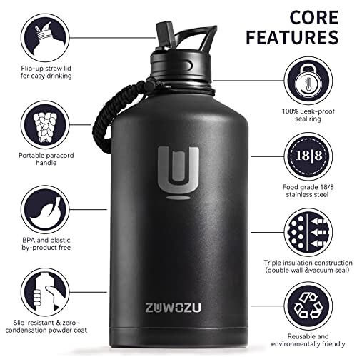 ZUWOZU 1 Gallon Water Bottle Insulated,128oz Large Stainless Steel Water Bottles with Straw, Strap&3 Lids,Gallon Water Jug for Gym,Hiking(Black)