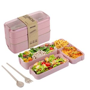 bento box lunch box for adults kids, asfrost 3-in-1 compartment containers – wheat straw, leakproof eco-friendly bento lunch box meal prep containers microwave safe (pink)