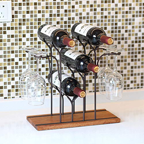 Tabletop Wood Wine Holder, Countertop Wine Rack, Hold 4 Wine Bottles and 4 Glasses, Perfect for Home Decor & Kitchen Storage Rack, Bar, Wine Cellar, Cabinet, Pantry, etc, Wood & Metal (Bronze)