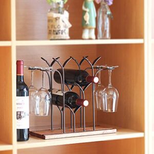 Tabletop Wood Wine Holder, Countertop Wine Rack, Hold 4 Wine Bottles and 4 Glasses, Perfect for Home Decor & Kitchen Storage Rack, Bar, Wine Cellar, Cabinet, Pantry, etc, Wood & Metal (Bronze)