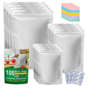100 pcs mylar bags, resealable bags, large mylar bags for food storage, sealable bags for packaging, aluminum bags 10 mil thickness with 400cc oxygen absorbers & 100 labels, 3 sizes (10×14, 6×9, 4×6 inches)