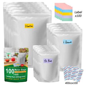 100 pcs Mylar Bags, Resealable Bags, Large Mylar Bags for Food Storage, Sealable Bags for Packaging, Aluminum Bags 10 Mil Thickness with 400cc Oxygen Absorbers & 100 Labels, 3 Sizes (10x14, 6x9, 4x6 inches)