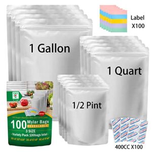 100 pcs Mylar Bags, Resealable Bags, Large Mylar Bags for Food Storage, Sealable Bags for Packaging, Aluminum Bags 10 Mil Thickness with 400cc Oxygen Absorbers & 100 Labels, 3 Sizes (10x14, 6x9, 4x6 inches)