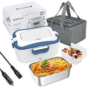 electric lunch box food heater – 2-in-1 portable food warmer lunch box for car & home – leak proof, 2 compartments, carry bag, removable 304 stainless steel container