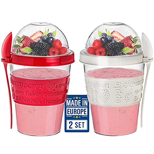 Crystalia Yogurt Parfait Cups with Lids, Breakfast On the Go Plastic Bowls with Topping Cereal Oatmeal or Fruit Container, Snack Cup and Spoon for Lunch Box, Portable & Reusable, 2PCs (Red and Cream)