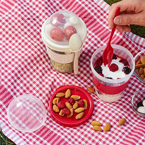 Crystalia Yogurt Parfait Cups with Lids, Breakfast On the Go Plastic Bowls with Topping Cereal Oatmeal or Fruit Container, Snack Cup and Spoon for Lunch Box, Portable & Reusable, 2PCs (Red and Cream)