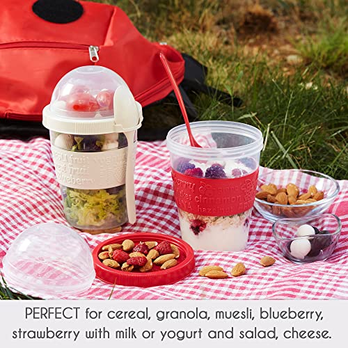 Crystalia Yogurt Parfait Cups with Lids, Breakfast On the Go Plastic Bowls with Topping Cereal Oatmeal or Fruit Container, Snack Cup and Spoon for Lunch Box, Portable & Reusable, 2PCs (Red and Cream)