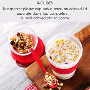 Crystalia Yogurt Parfait Cups with Lids, Breakfast On the Go Plastic Bowls with Topping Cereal Oatmeal or Fruit Container, Snack Cup and Spoon for Lunch Box, Portable & Reusable, 2PCs (Red and Cream)