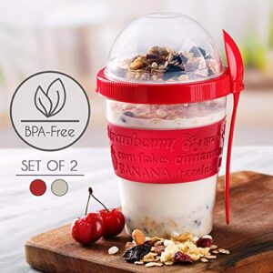 Crystalia Yogurt Parfait Cups with Lids, Breakfast On the Go Plastic Bowls with Topping Cereal Oatmeal or Fruit Container, Snack Cup and Spoon for Lunch Box, Portable & Reusable, 2PCs (Red and Cream)