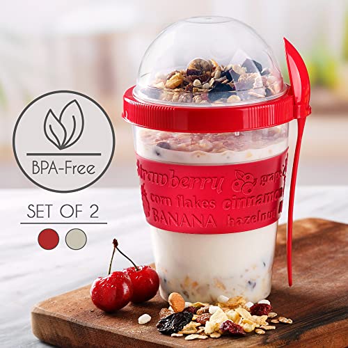 Crystalia Yogurt Parfait Cups with Lids, Breakfast On the Go Plastic Bowls with Topping Cereal Oatmeal or Fruit Container, Snack Cup and Spoon for Lunch Box, Portable & Reusable, 2PCs (Red and Cream)