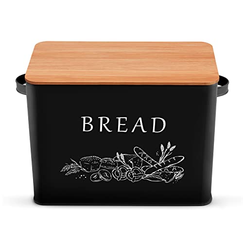 P&P CHEF Black Bread Box for Kitchen Counter, Metal Bread Storage Bin with Bamboo Cutting Lid, Large Capacity for Holding 2+ Loaves, Retro Modern Style, Size 13” x 7.2” x 9.7”