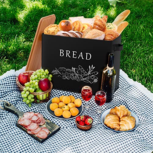 P&P CHEF Black Bread Box for Kitchen Counter, Metal Bread Storage Bin with Bamboo Cutting Lid, Large Capacity for Holding 2+ Loaves, Retro Modern Style, Size 13” x 7.2” x 9.7”