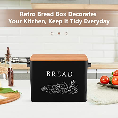 P&P CHEF Black Bread Box for Kitchen Counter, Metal Bread Storage Bin with Bamboo Cutting Lid, Large Capacity for Holding 2+ Loaves, Retro Modern Style, Size 13” x 7.2” x 9.7”