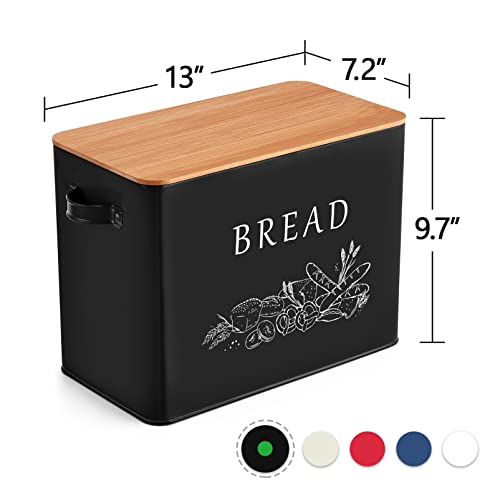 P&P CHEF Black Bread Box for Kitchen Counter, Metal Bread Storage Bin with Bamboo Cutting Lid, Large Capacity for Holding 2+ Loaves, Retro Modern Style, Size 13” x 7.2” x 9.7”