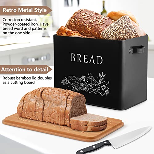 P&P CHEF Black Bread Box for Kitchen Counter, Metal Bread Storage Bin with Bamboo Cutting Lid, Large Capacity for Holding 2+ Loaves, Retro Modern Style, Size 13” x 7.2” x 9.7”